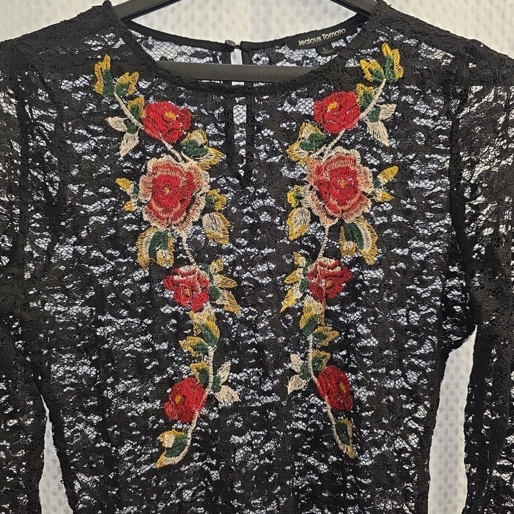 Jealous Tomato Boutique Sheer Lace Bodysuit Thong Black Floral Lace Large